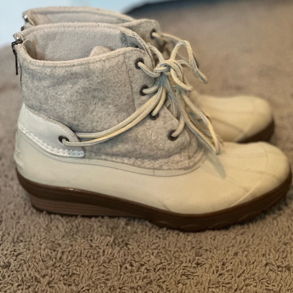 Cream and Gray Lace-Up Boots - Picture 1 of 4
